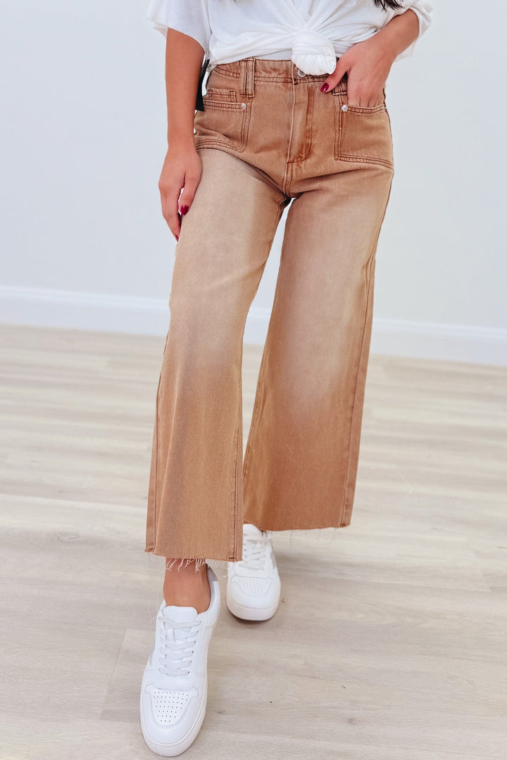 On The Block Raw Hem Straight Leg Jeans - Hazelnut