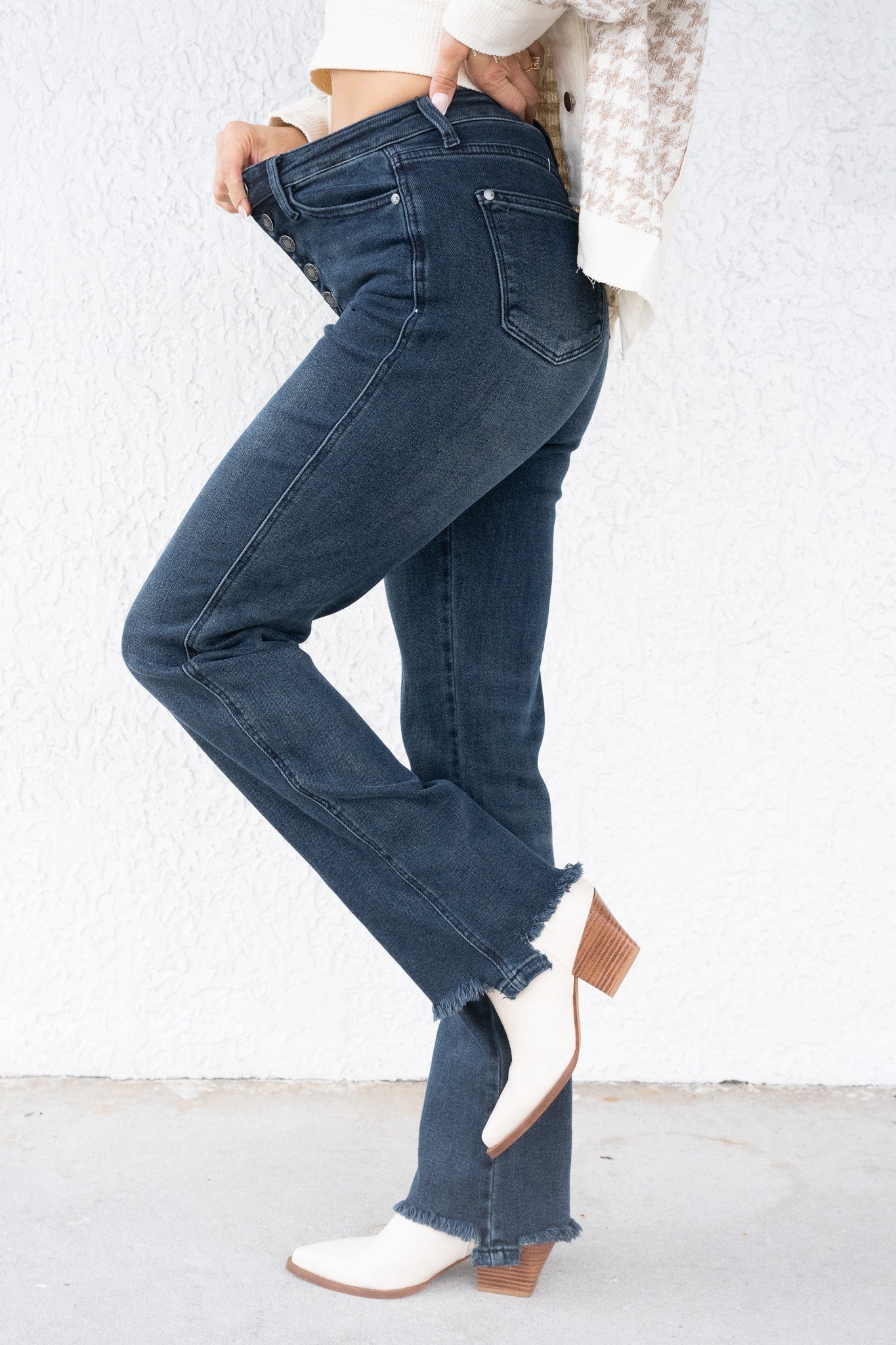 Button Up Buttercup By Judy Blue - High Rise Button Fly Hem Destroy Straight Jeans