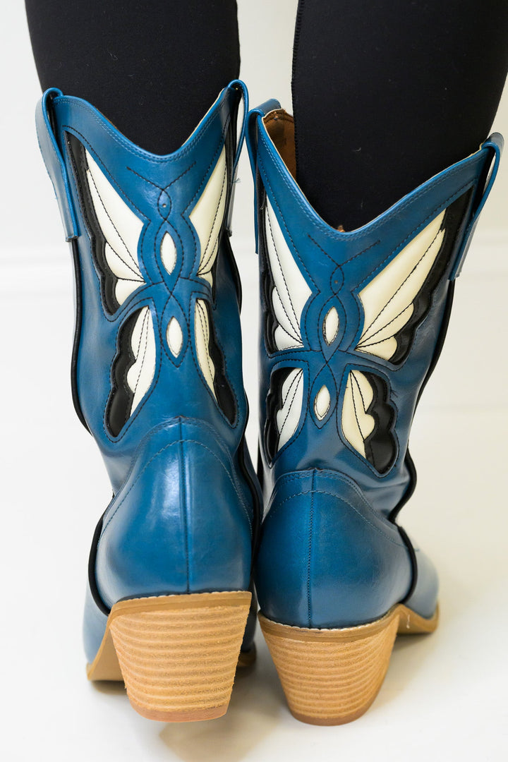 Sunny Butterfly Cutout Cowboy Boots - Blue