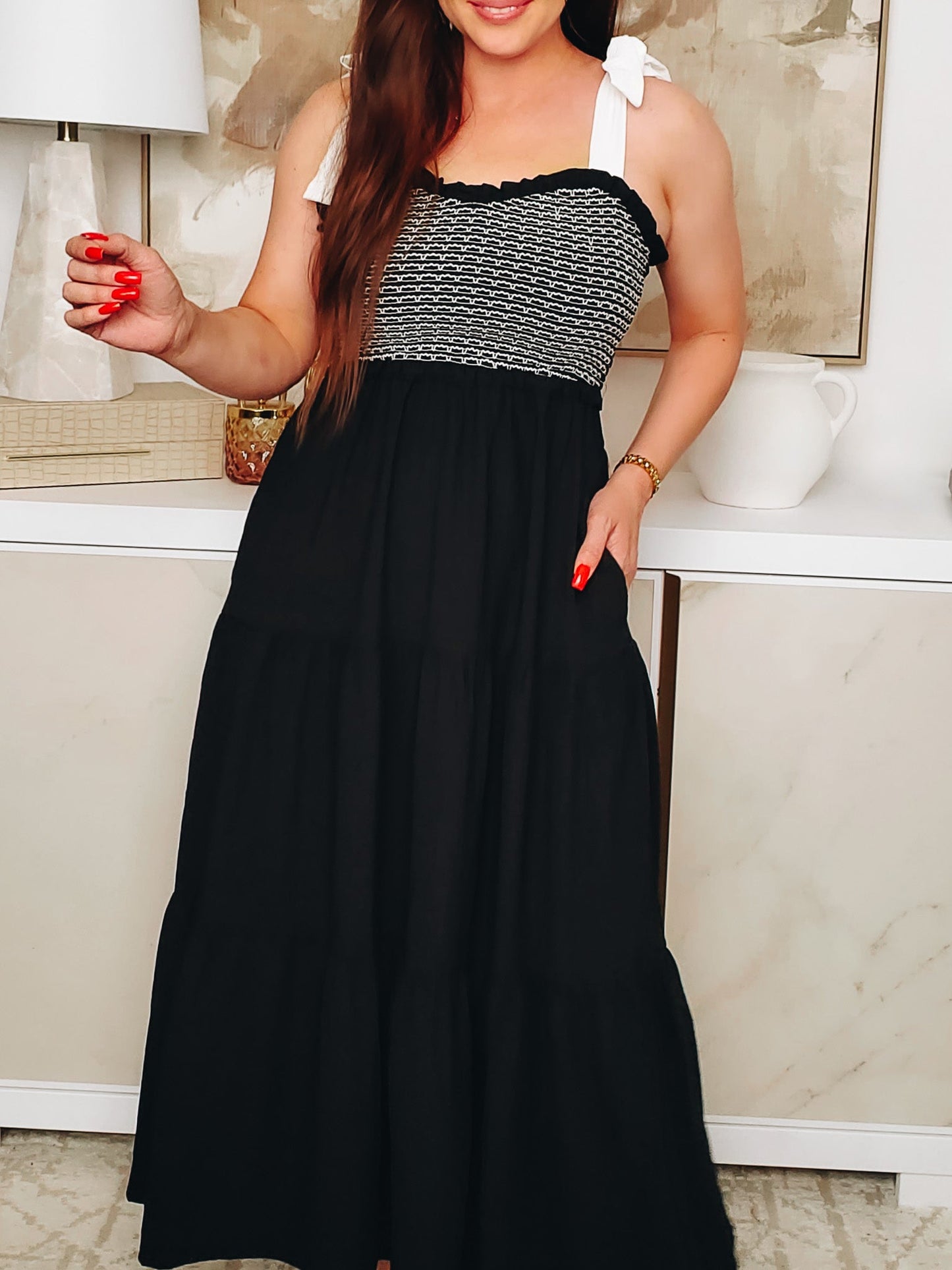 Direct & Reflect Tiered Midi Dress
