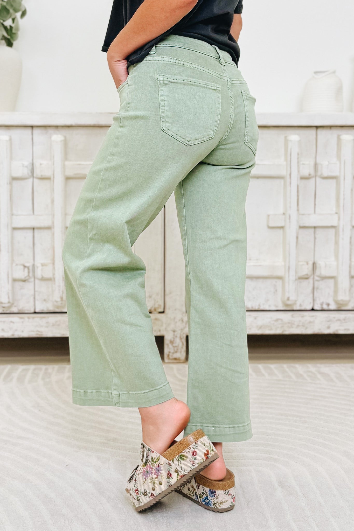 Clocked In By Risen - Mid Rise Tummy Control Adjustable Waistband Jeans - Olive