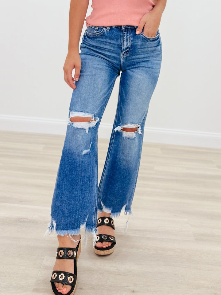 Lookin For Love By Mica - High Rise Distressed Wide Leg Jeans - Ice Dark Blue