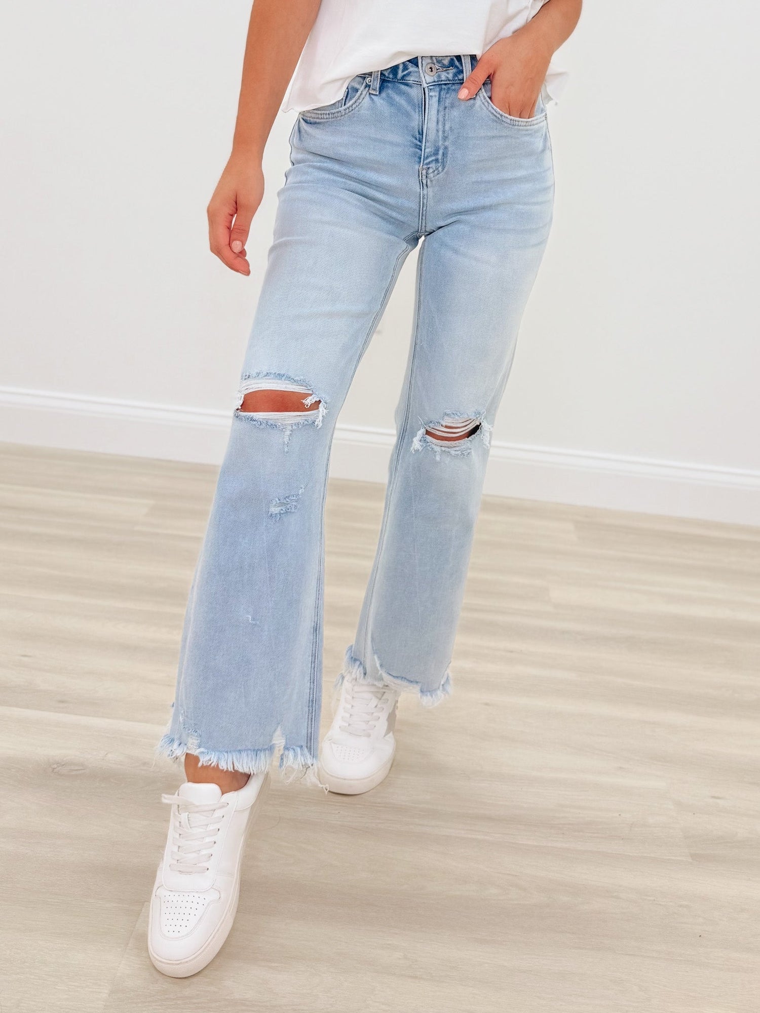 Lookin For Love By Mica - High Rise Distressed Wide Leg Jeans - Ice Light Blue