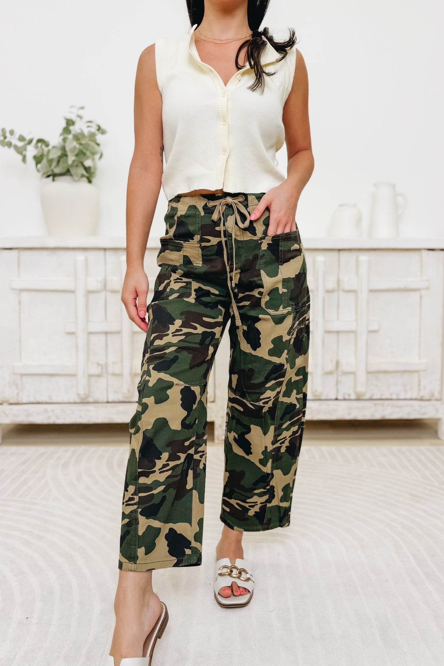 Calling All Cuties By Risen - Mid Rise Barrel Slung Pants - Camo