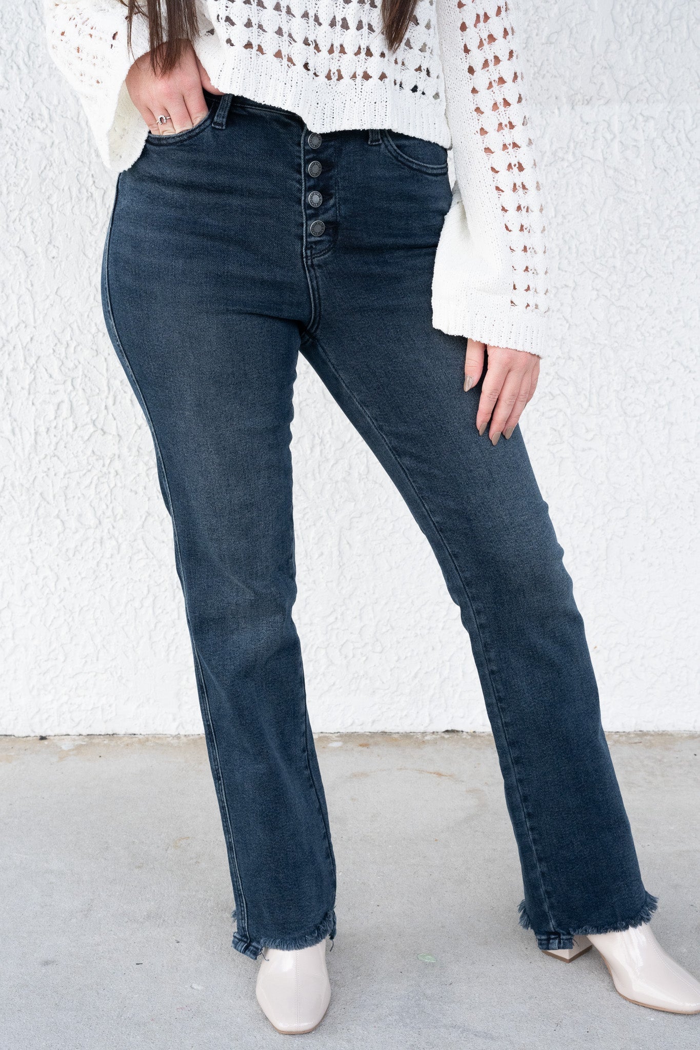 Button Up Buttercup By Judy Blue - High Rise Button Fly Hem Destroy Straight Jeans
