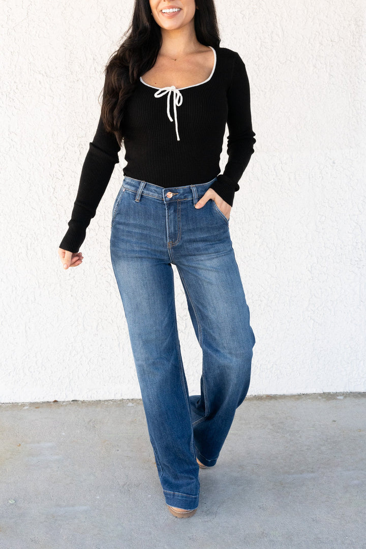 All The Class By Risen High Rise Wide Leg Slanted Pocket Jeans - Dark