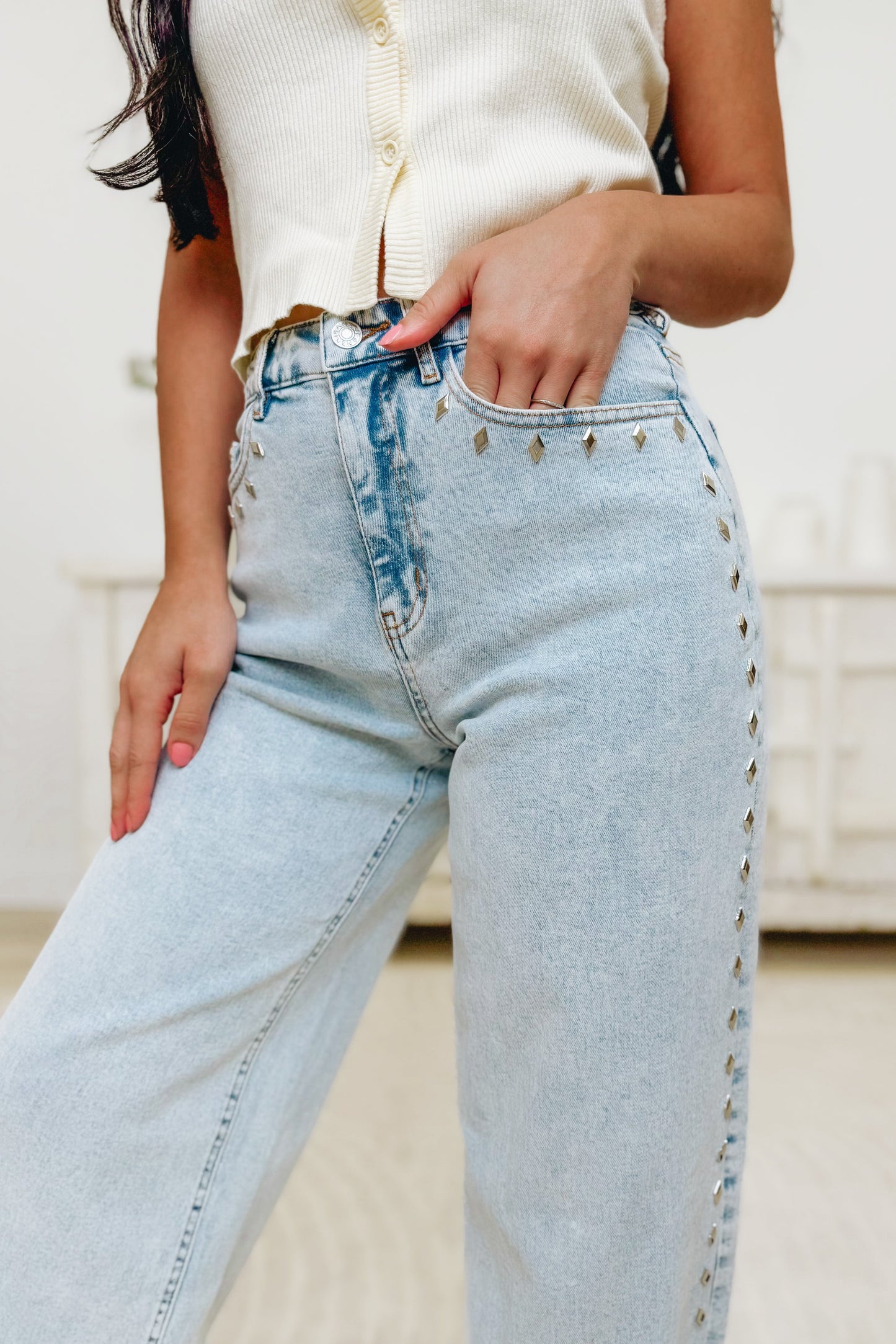 Grit & Glitter By Blue B. - Mid Rise Diamond Studded Straight Leg Jeans - Light Wash