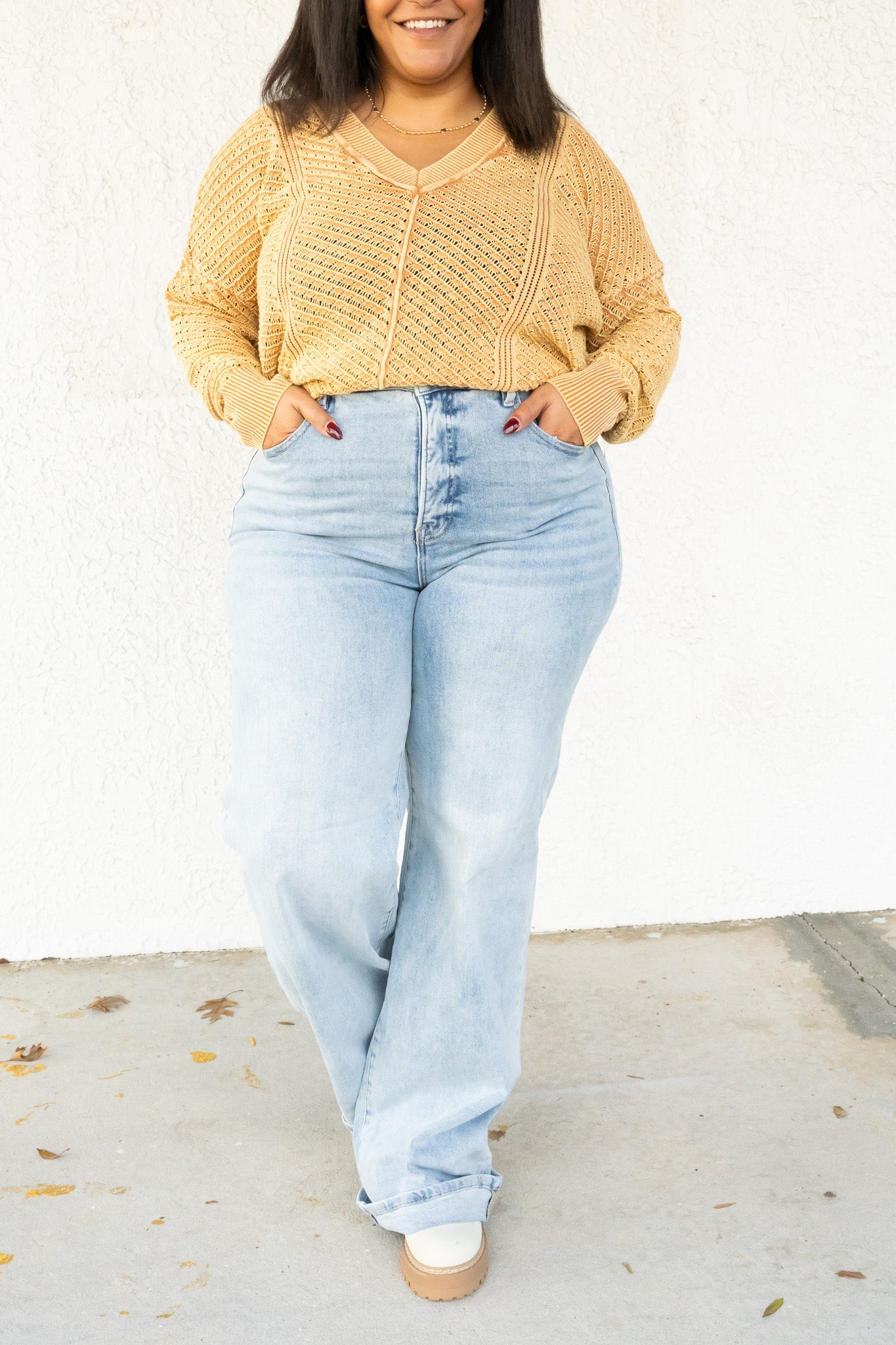 The Genie By Risen - High Rise Tummy Control Wide leg Cuffed Jeans - Light
