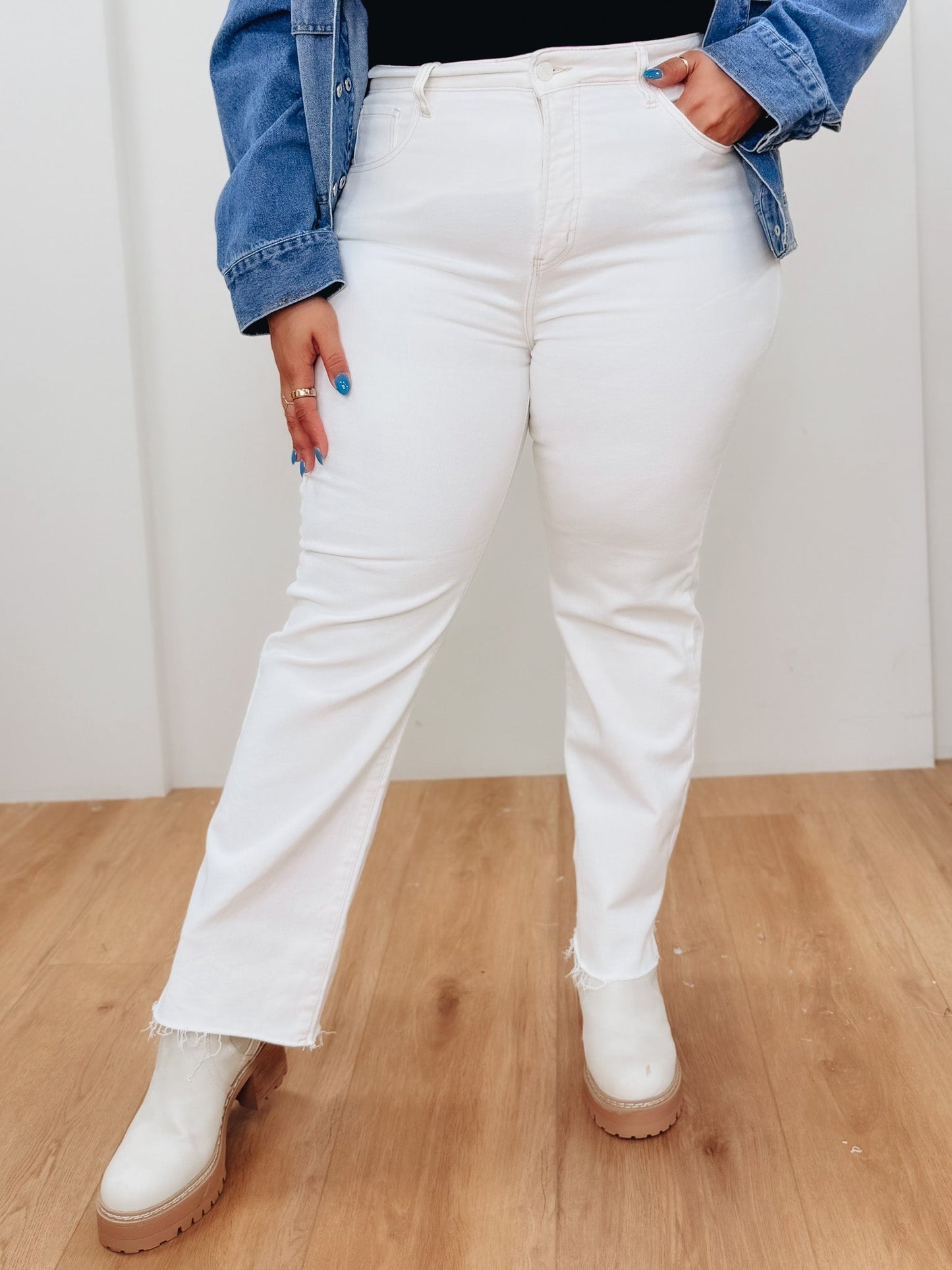 Soft Served By Risen - High Rise Tummy Control Straight Leg Raw Hem Jeans - Cream