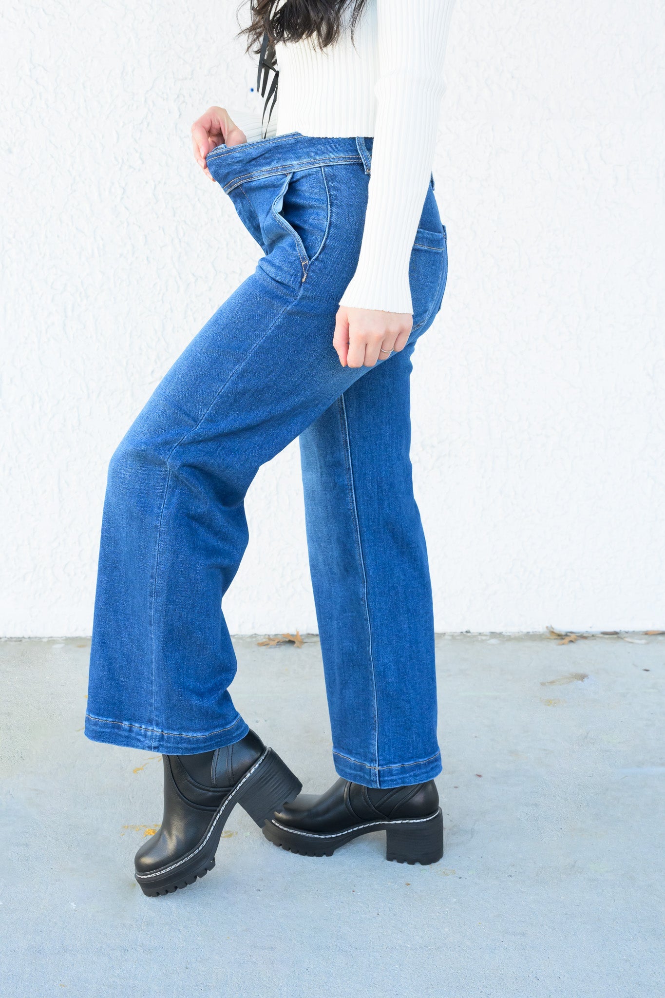 Hips Don't Lie By Risen - High Rise Tummy Control Crop Wide Leg Jeans- Dark