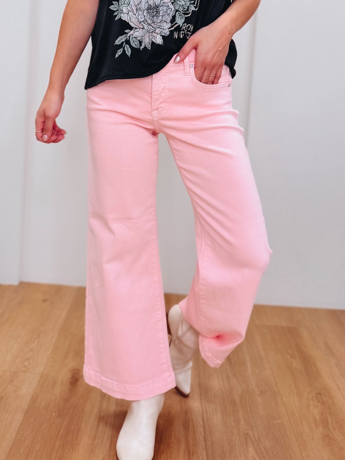 Clocked In By Risen - Mid Rise Tummy Control Adjustable Waistband Jeans - Soft Pink