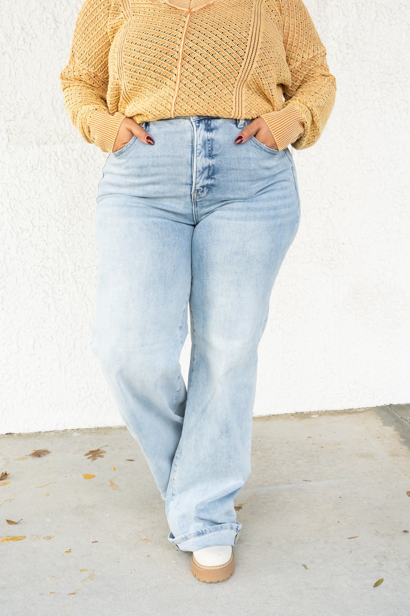 The Genie By Risen - High Rise Tummy Control Wide leg Cuffed Jeans - Light