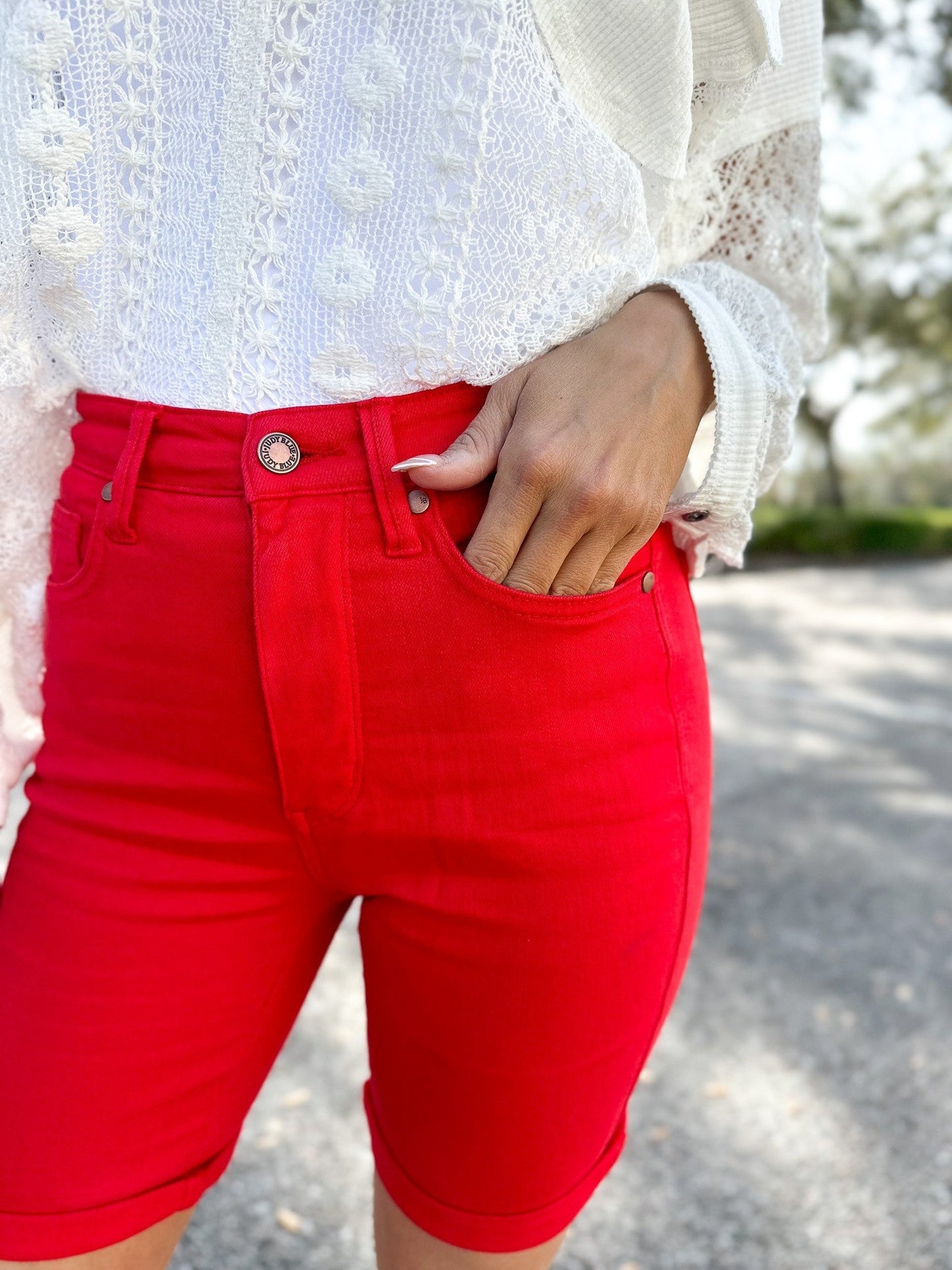 Judy Blue Babe Watch High Rise Tummy Control Bermuda Shorts - Red *JB