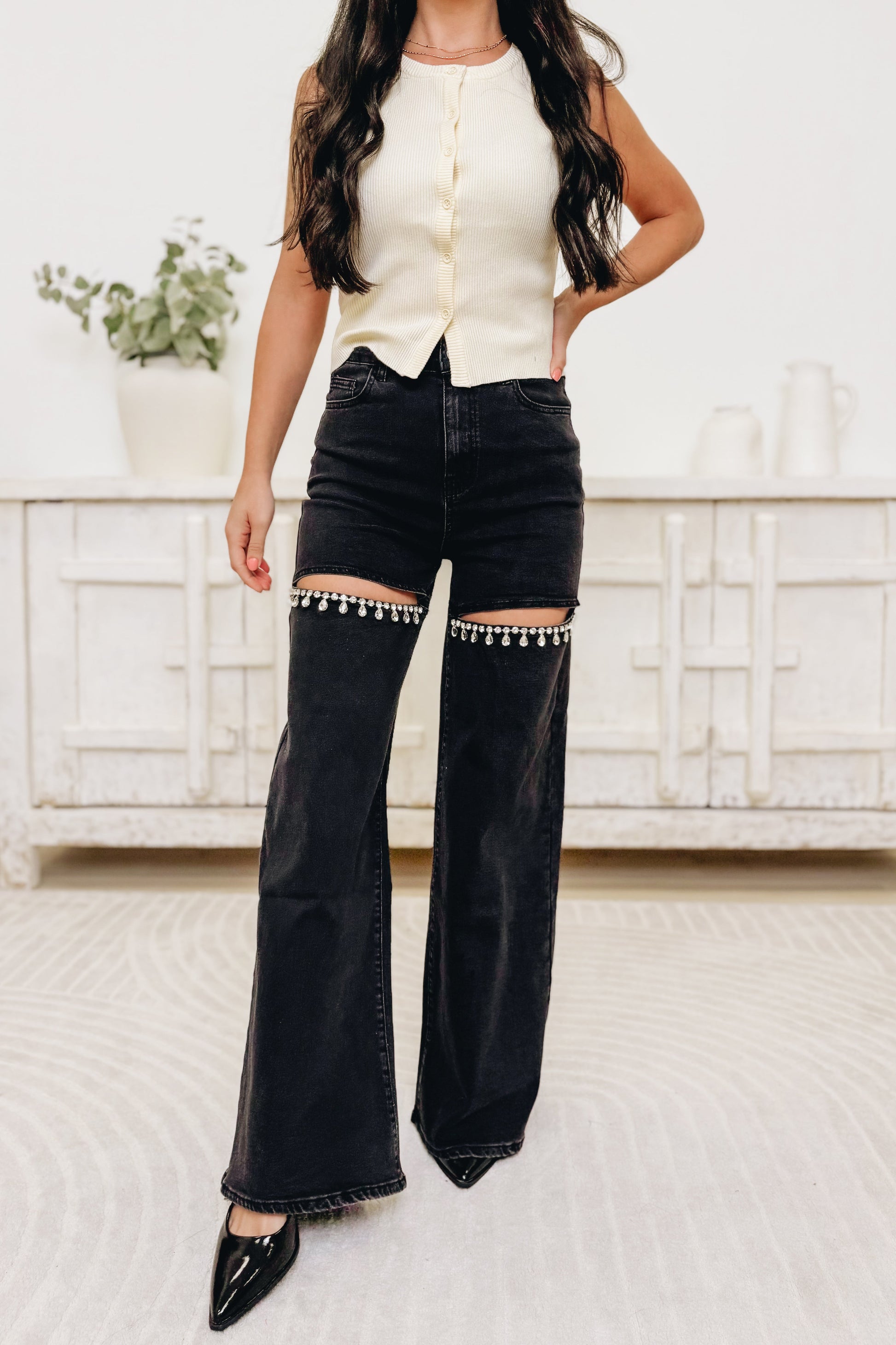 Crystal Cut By Blue B. - Mid Rise Crystal Slit Wide Leg Jeans - 2 Colors!