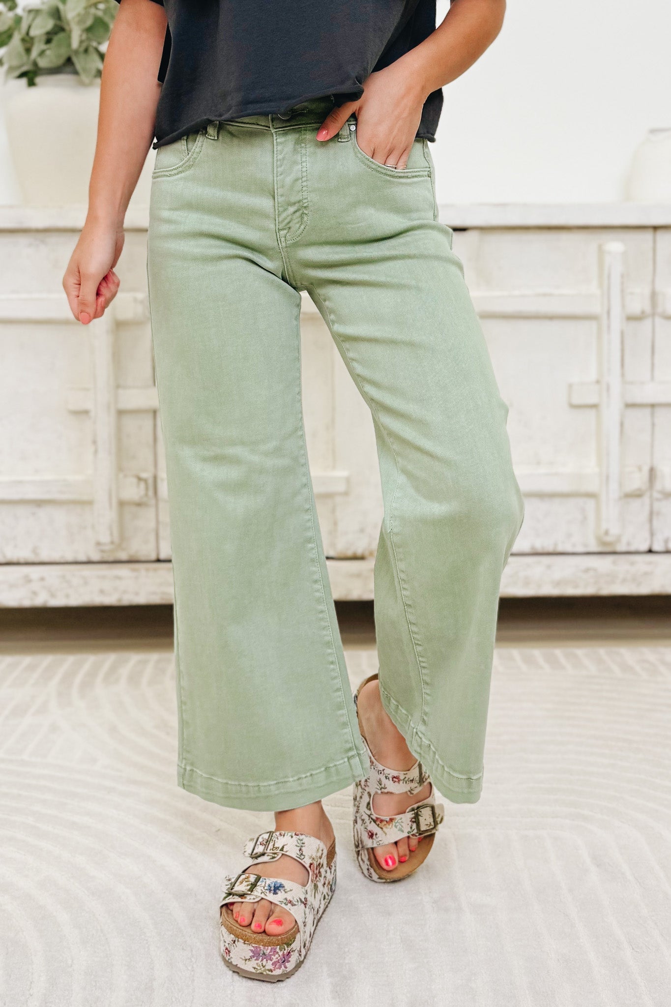 Clocked In By Risen - Mid Rise Tummy Control Adjustable Waistband Jeans - Olive