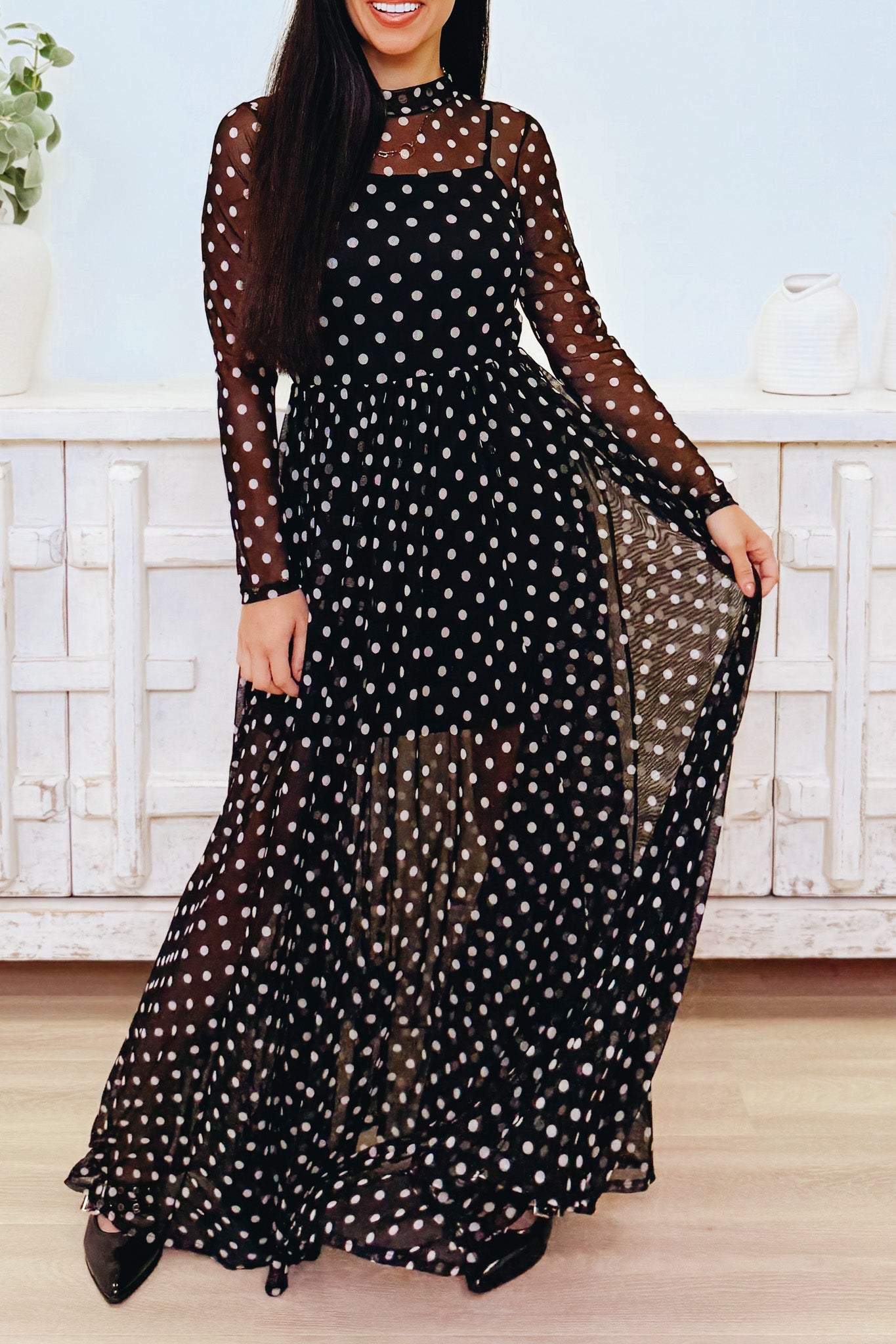 On The Spot Polka Dot Mesh Maxi Dress