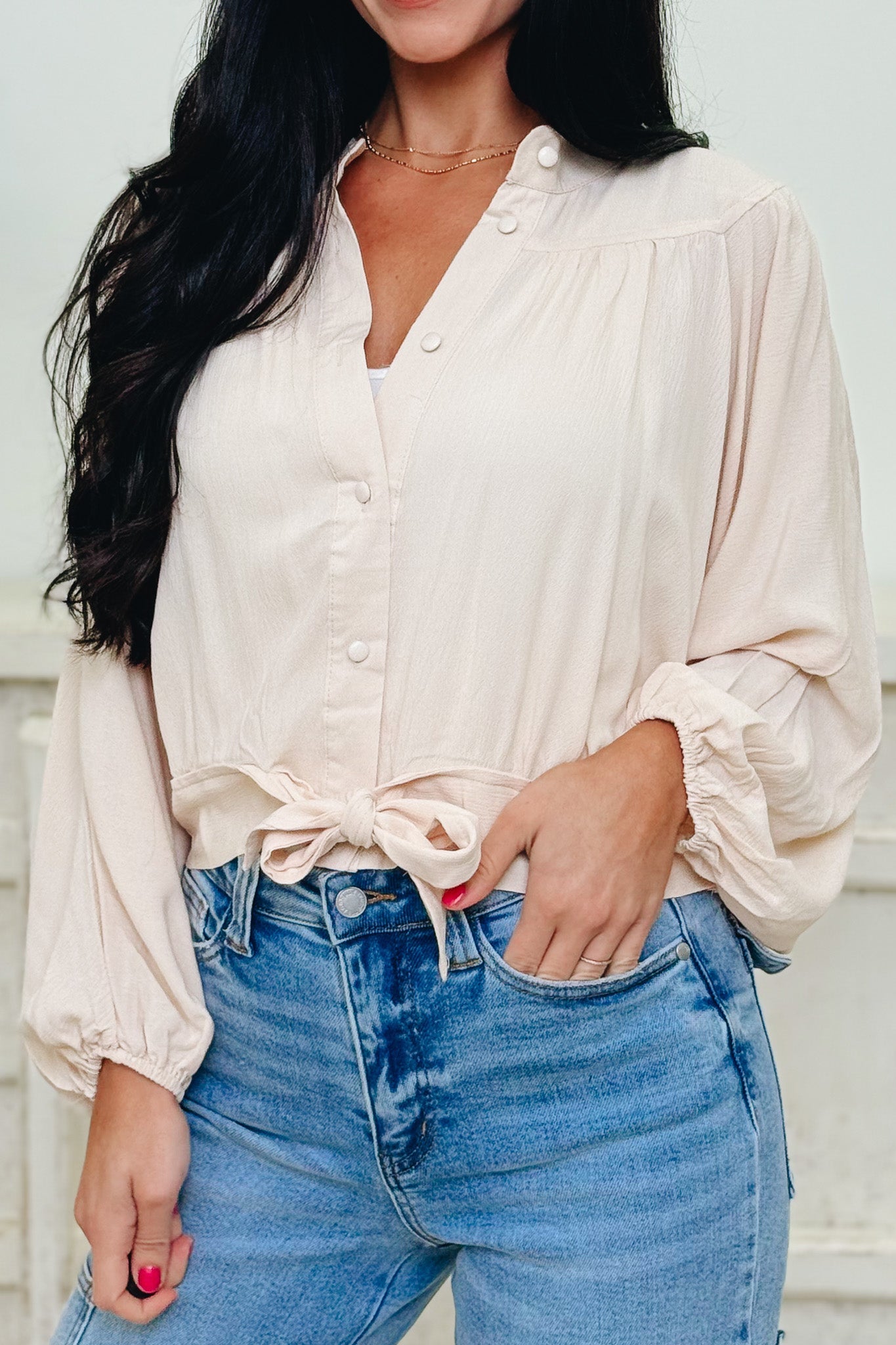 Tied Up & Buttoned Down Top - Nude