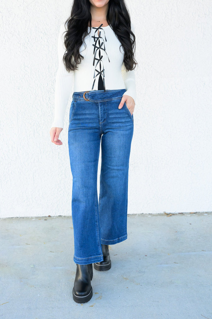 Hips Don't Lie By Risen - High Rise Tummy Control Crop Wide Leg Jeans- Dark