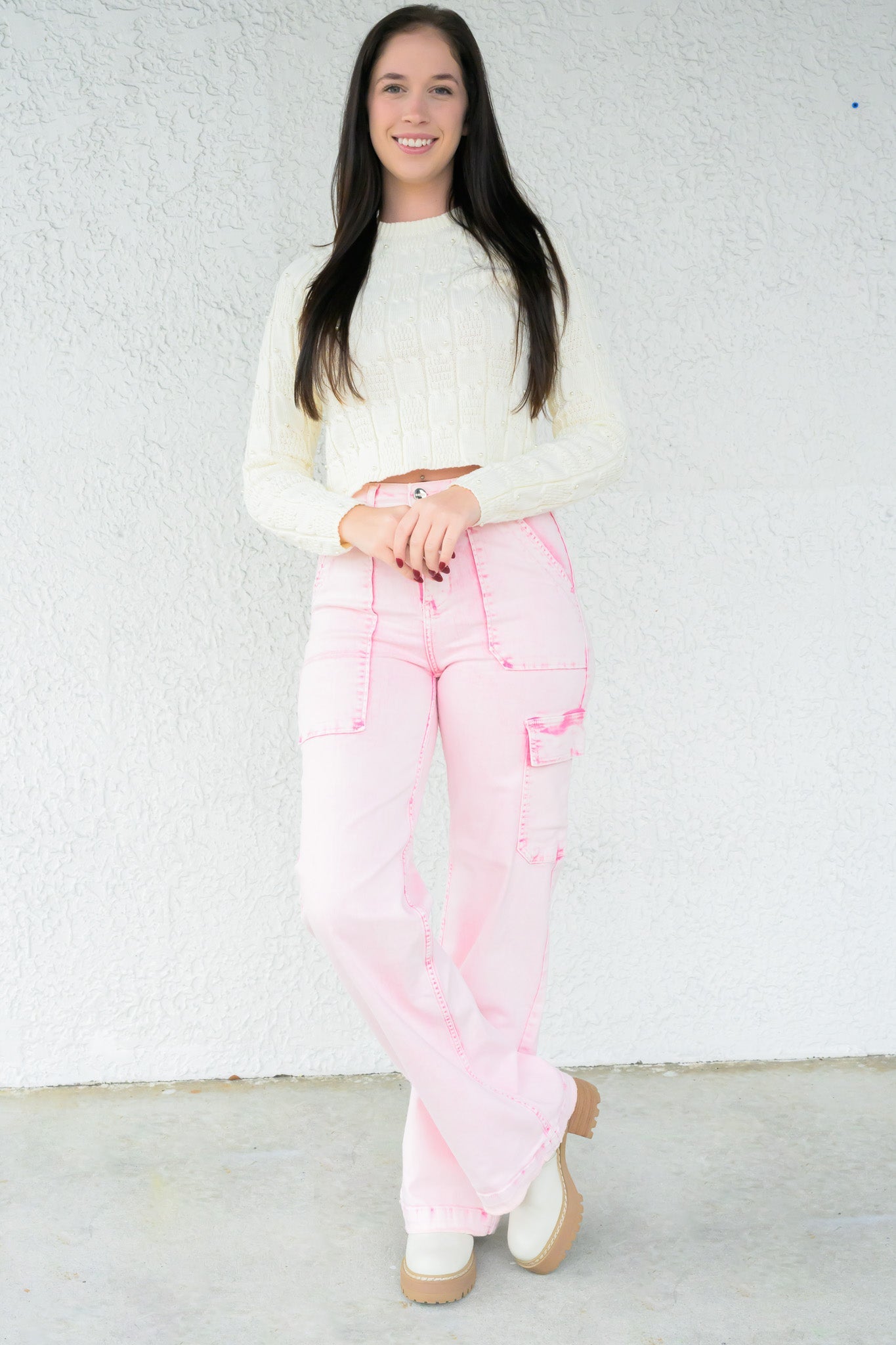 Gossip Girl By Risen - High Rise Wide Leg Cargo Jeans - Acid Pink