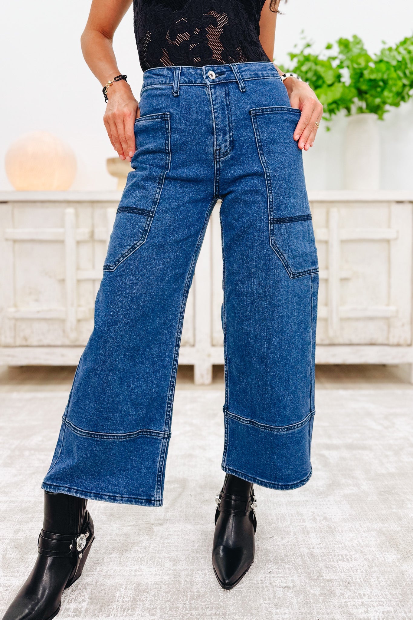 Unique Apparel By Saige Denim - Wide Leg Utility Jeans - Dark