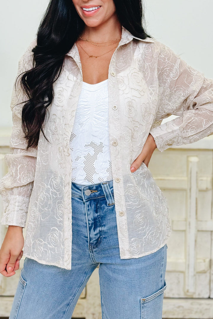 Paris & Peonies Button Down Top  - Light Taupe