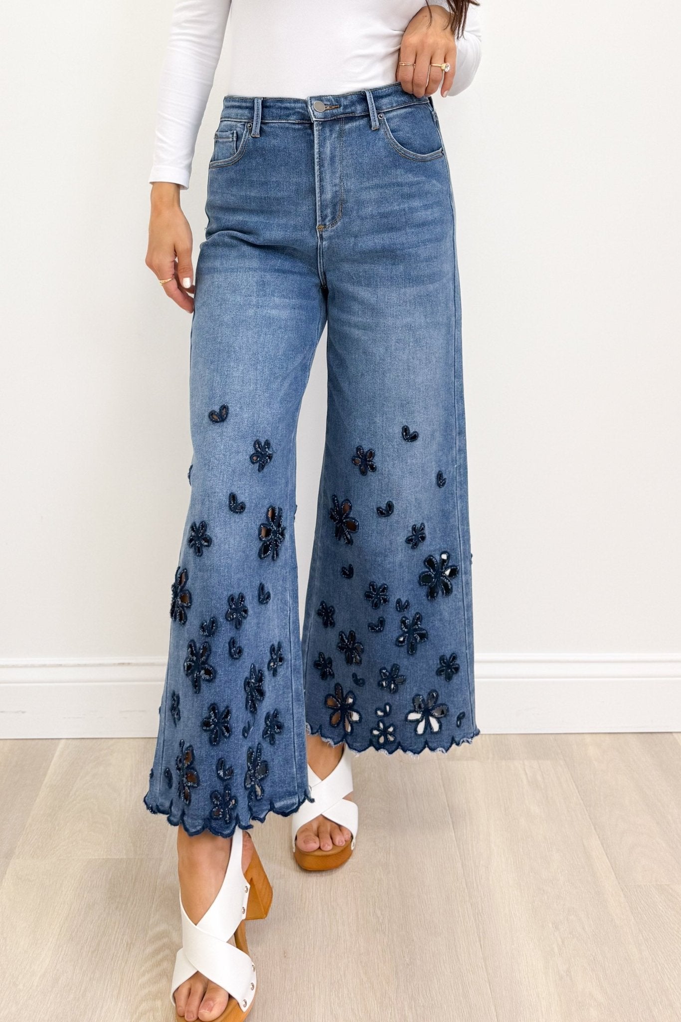 Faithfully Floral Cutout Flower Pants - Denim - By Alexa Rae