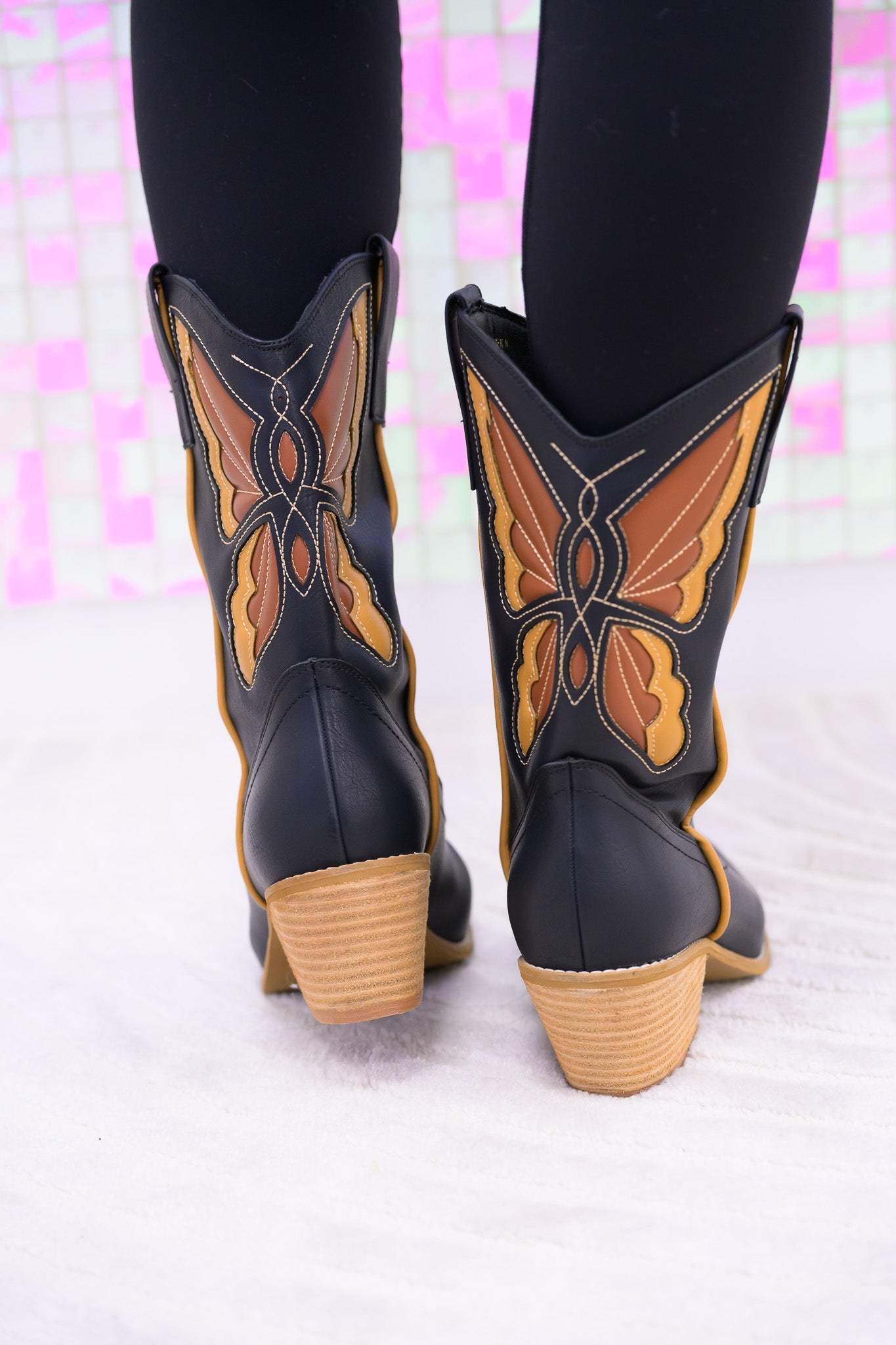 Sunny Butterfly Cutout Cowboy Boots - Black