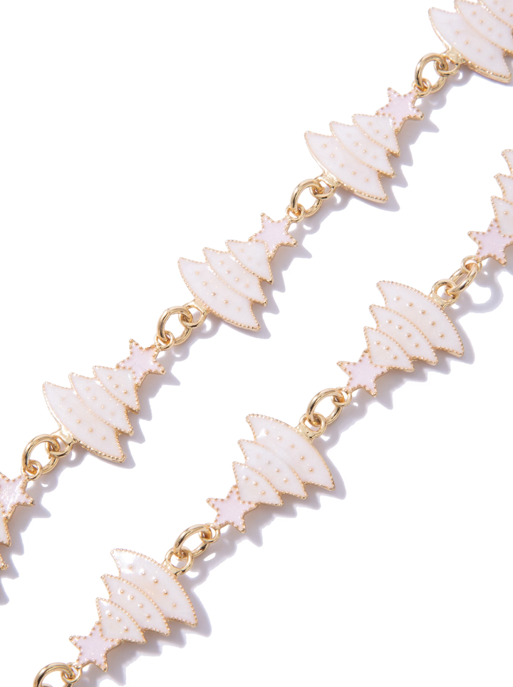 Rockin Around The Christmas Tree Necklace - Gold Metallic Pearl White Tree