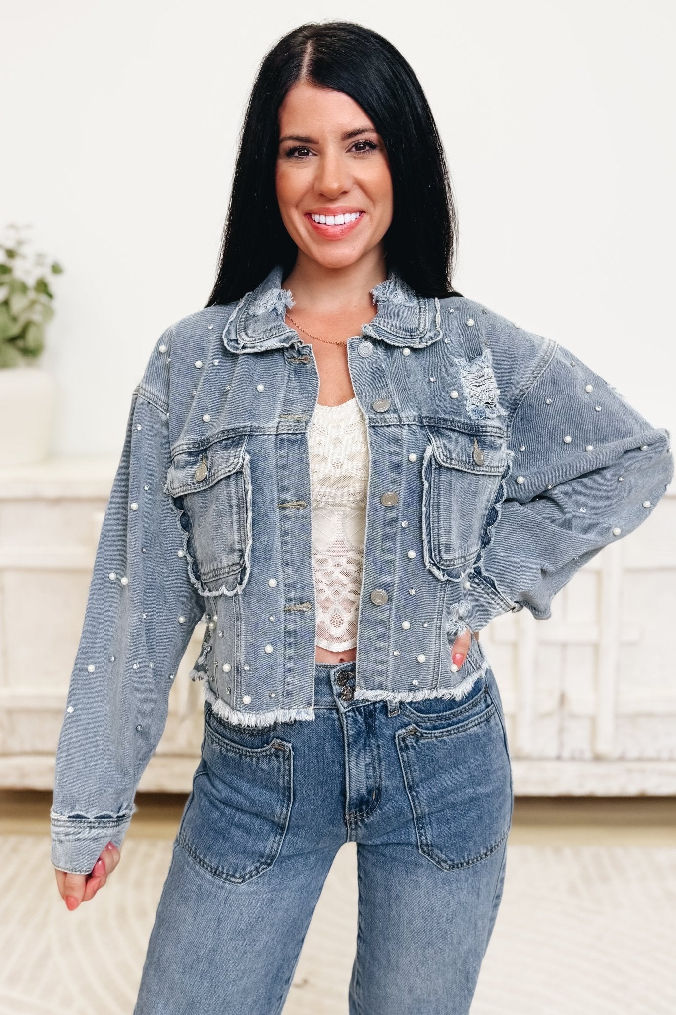 Glitzy Glam Pearl Denim Jacket - By Alexa Rae