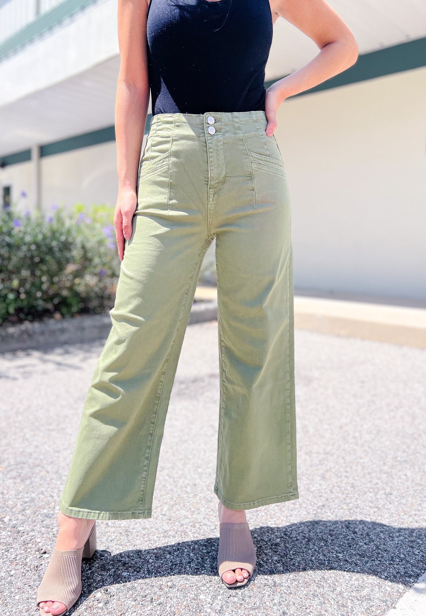 Mica Double Button Cropped Jeans - Olive