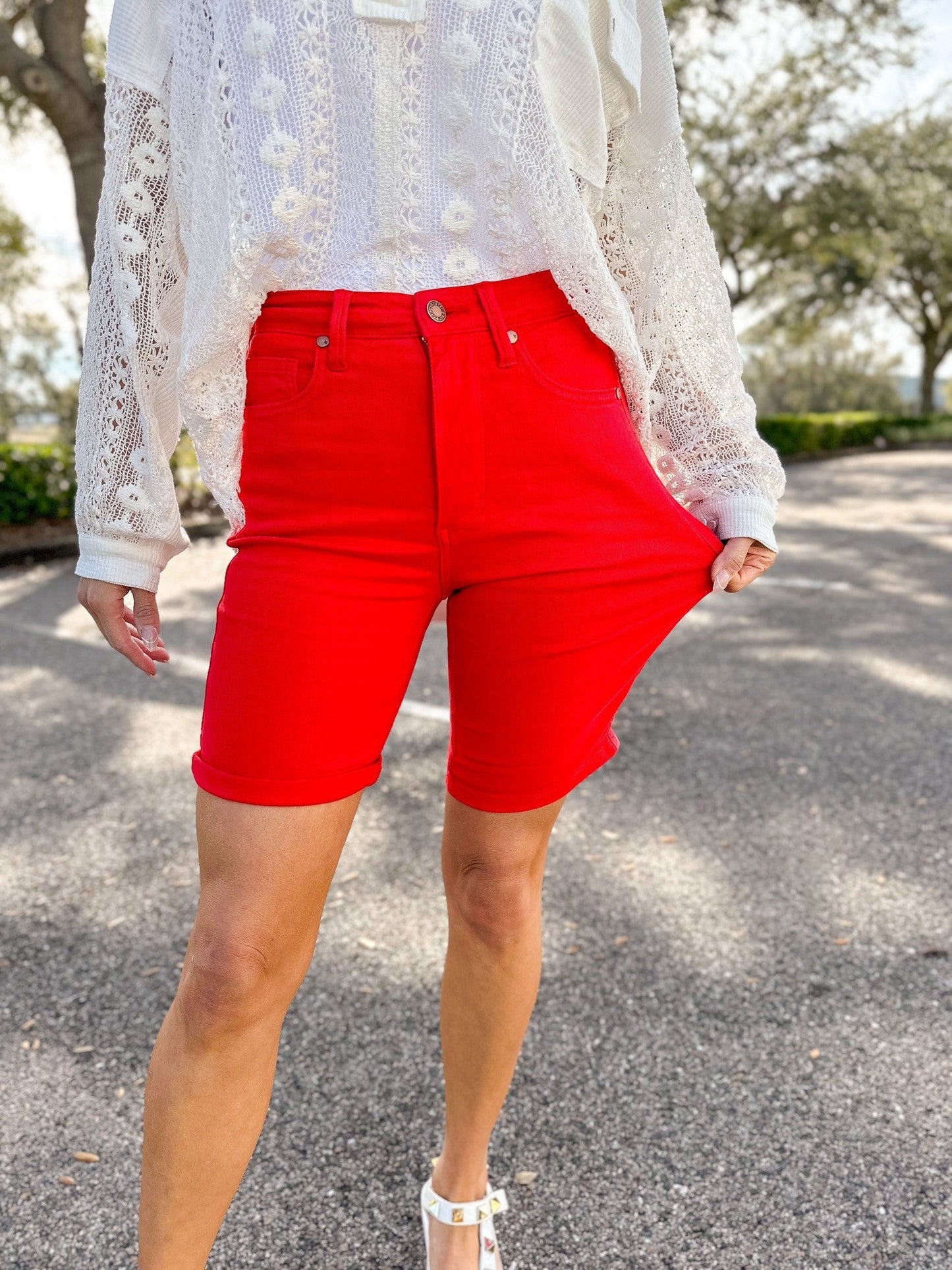 Judy Blue Babe Watch High Rise Tummy Control Bermuda Shorts - Red *JB
