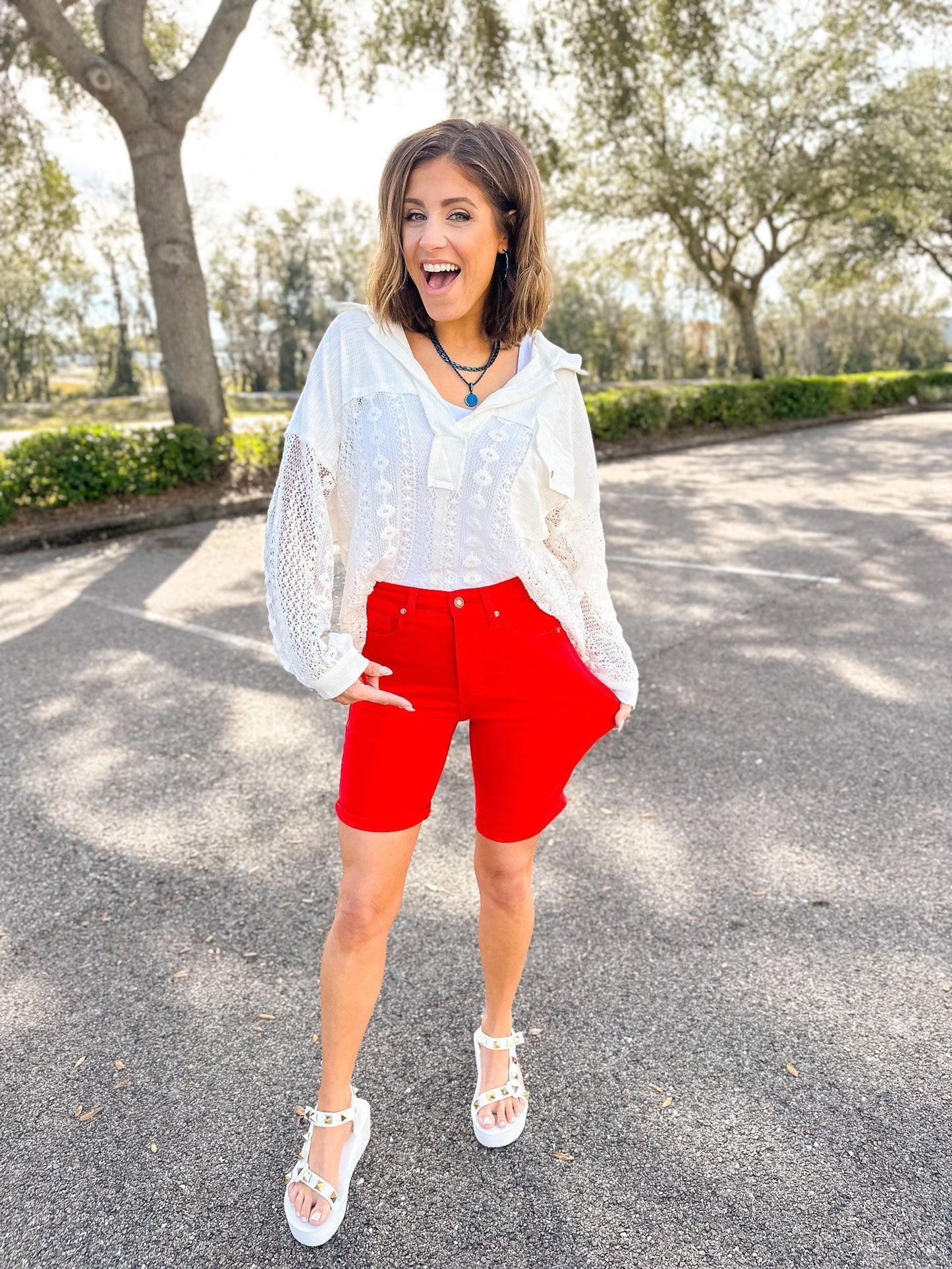 Judy Blue Babe Watch High Rise Tummy Control Bermuda Shorts - Red *JB