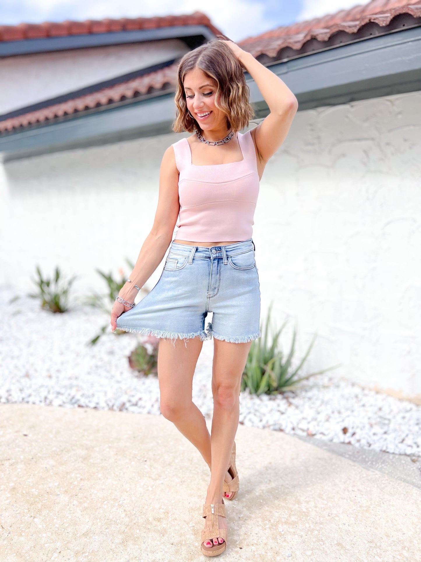 Judy Blue Boardwalk High Rise Frayed Hem Cut Off Dad Shorts