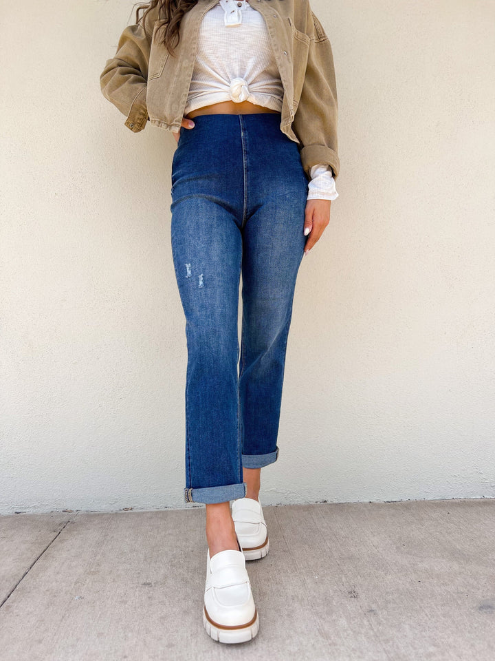 Risen Pull On Boyfriend Jeans - Dark