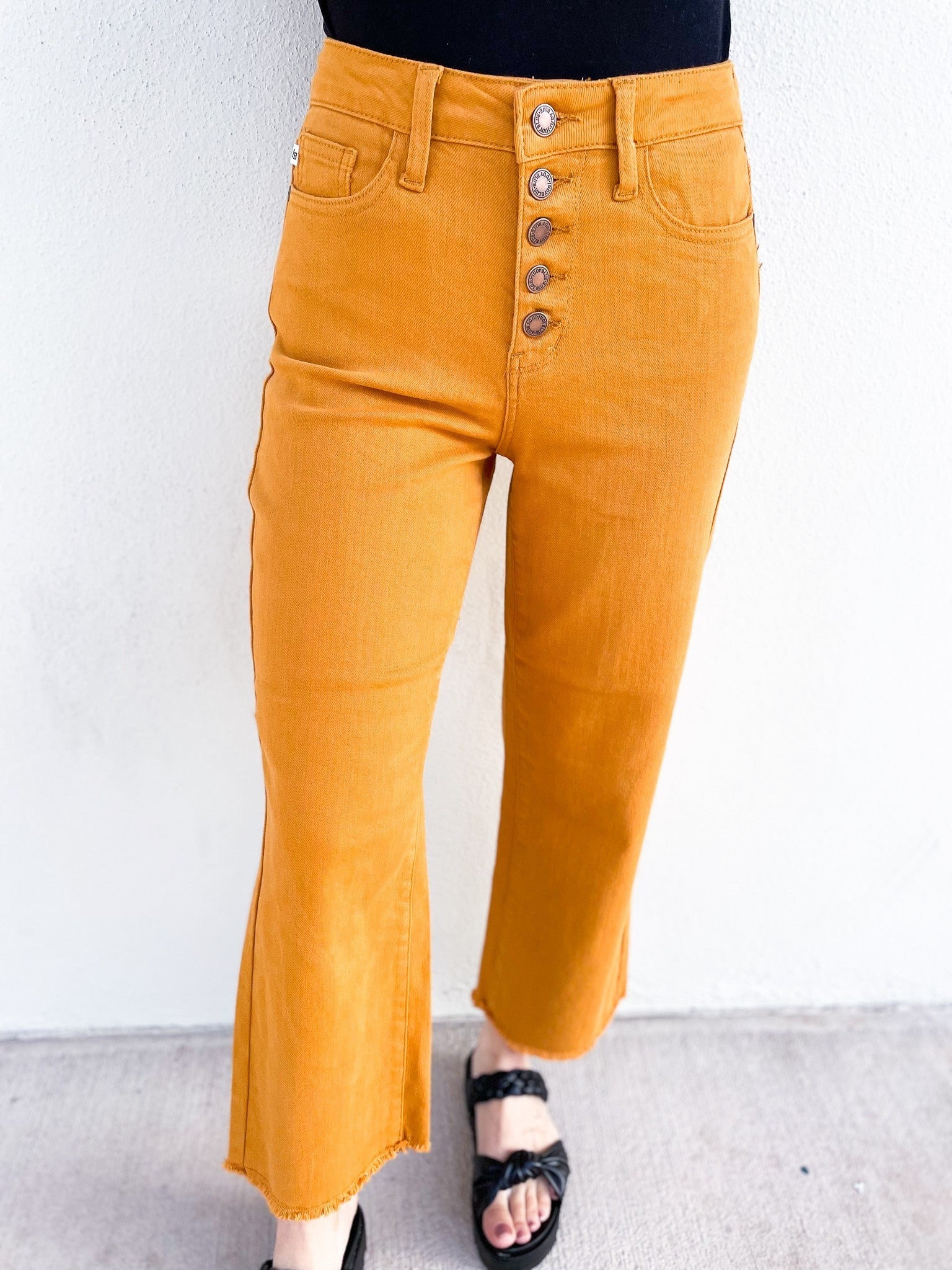 Judy Blue Monica High Rise Cropped Button Fly Jeans - Mustard
