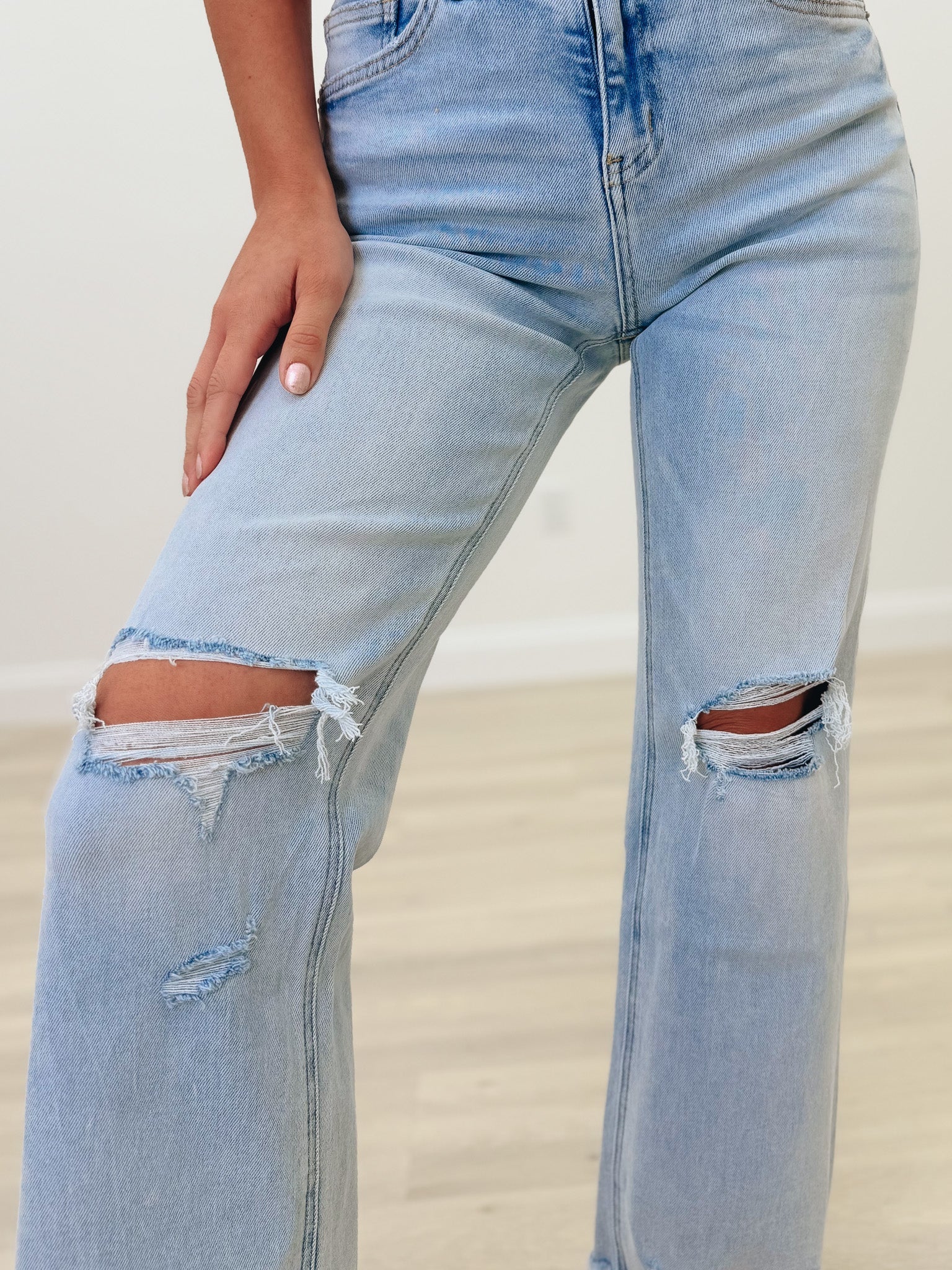 Lookin For Love By Mica - High Rise Distressed Wide Leg Jeans - Ice Medium Blue