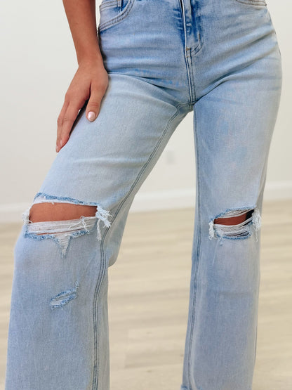 Lookin For Love By Mica - High Rise Distressed Wide Leg Jeans - Ice Medium Blue
