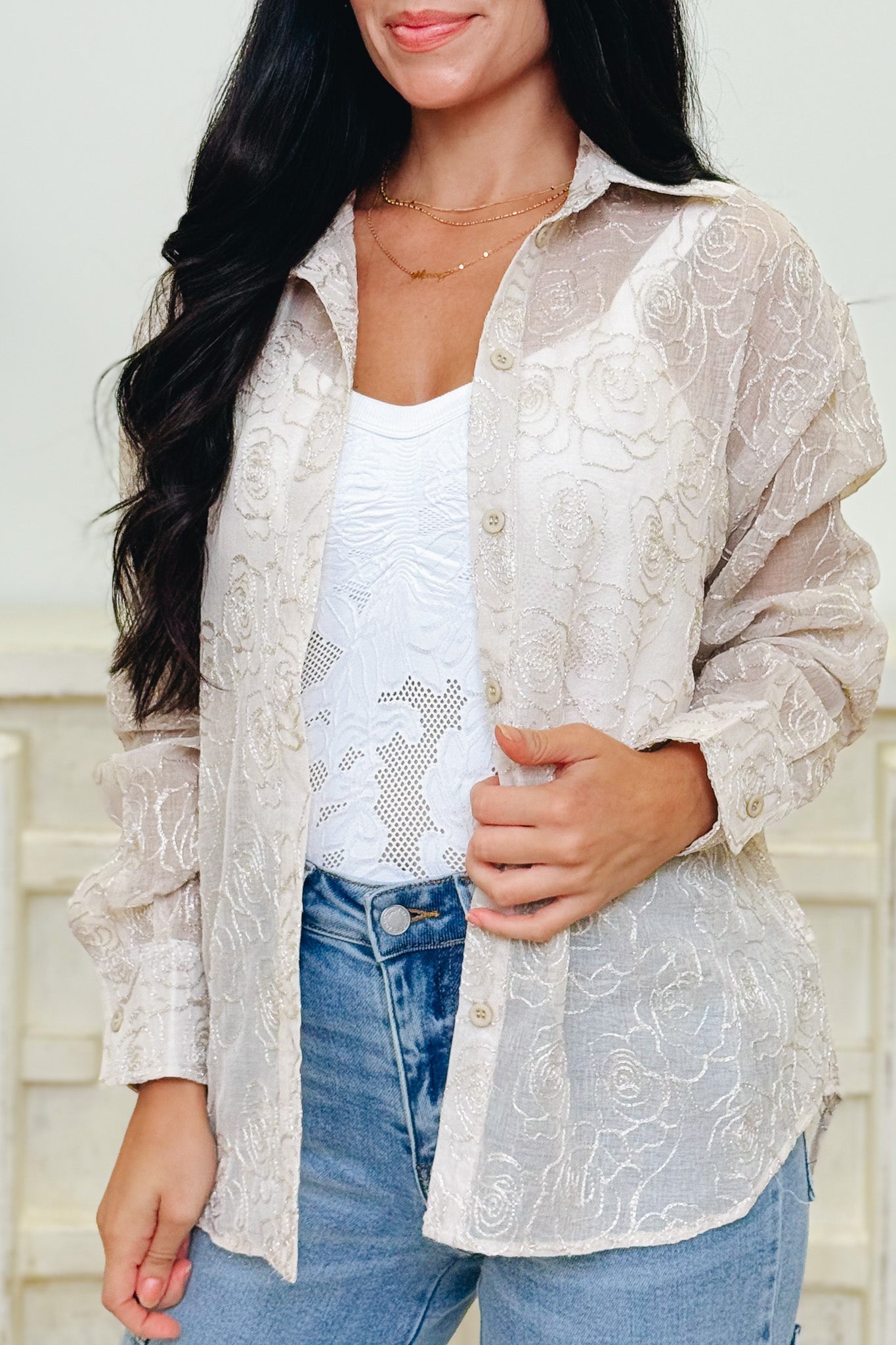 Paris & Peonies Button Down Top  - Light Taupe