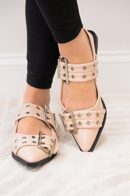 Rivets Pointed Toe Mary Jane Flats - Nude