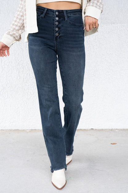 Button Up Buttercup By Judy Blue - High Rise Button Fly Hem Destroy Straight Jeans