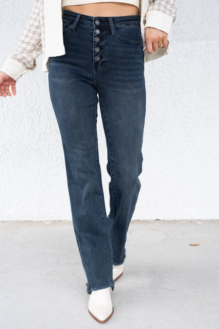 Button Up Buttercup By Judy Blue - High Rise Button Fly Hem Destroy Straight Jeans