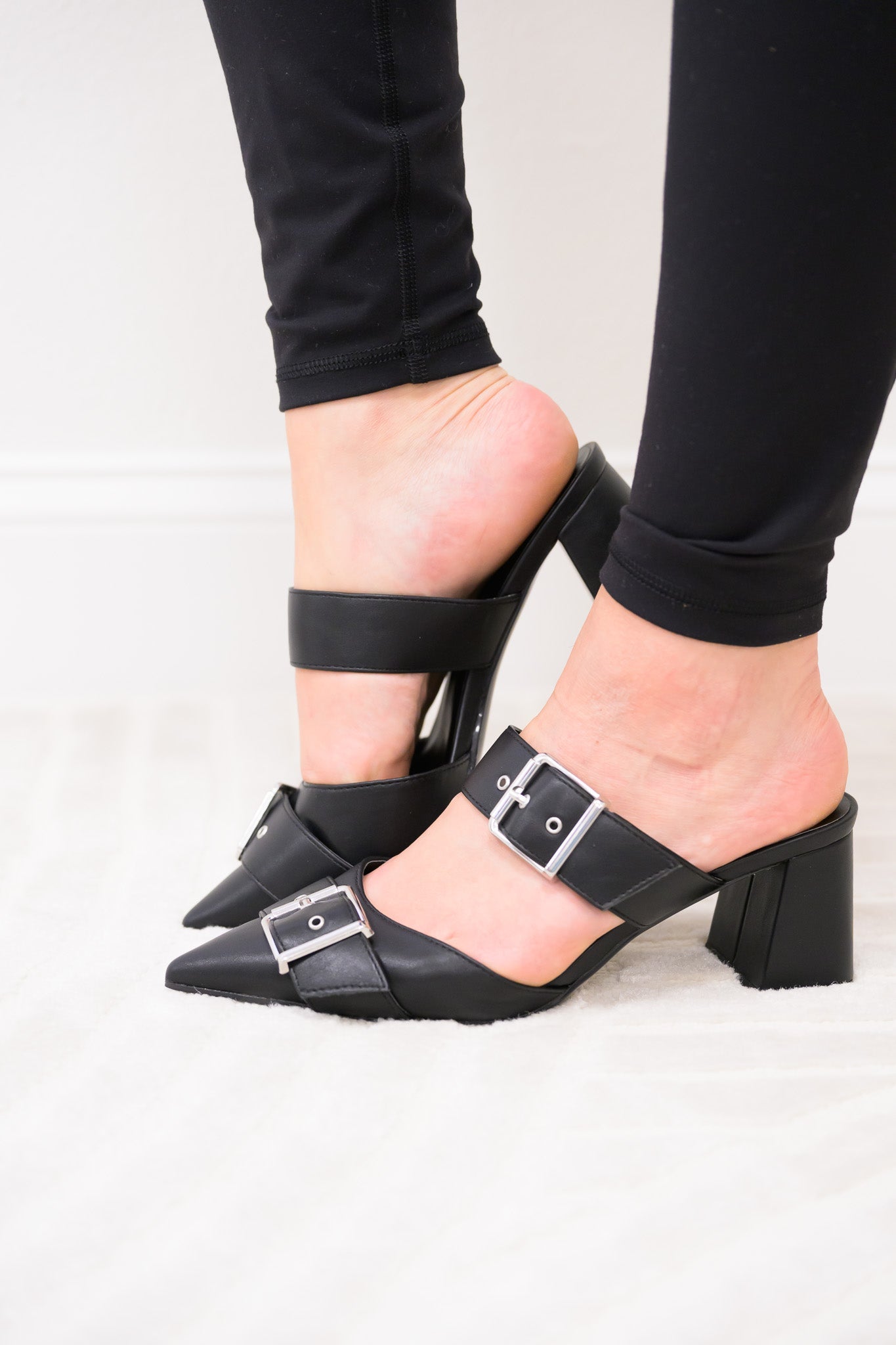 Starlike Double Buckle Block Heels - Black