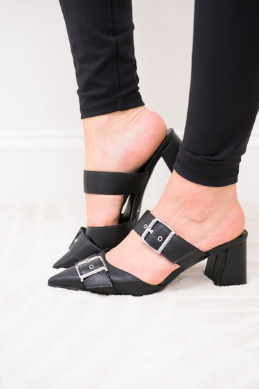Starlike Double Buckle Block Heels - Black