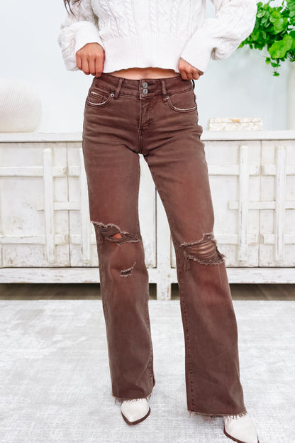 True Obsession By Denim BAR Label - High Rise Wide Leg Tummy Control Jeans - Brown