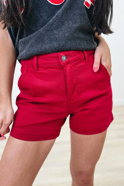 Backside Valentine By Judy Blue - High Rise Tummy Control Garment Dyed Heart Shorts - Scarlet