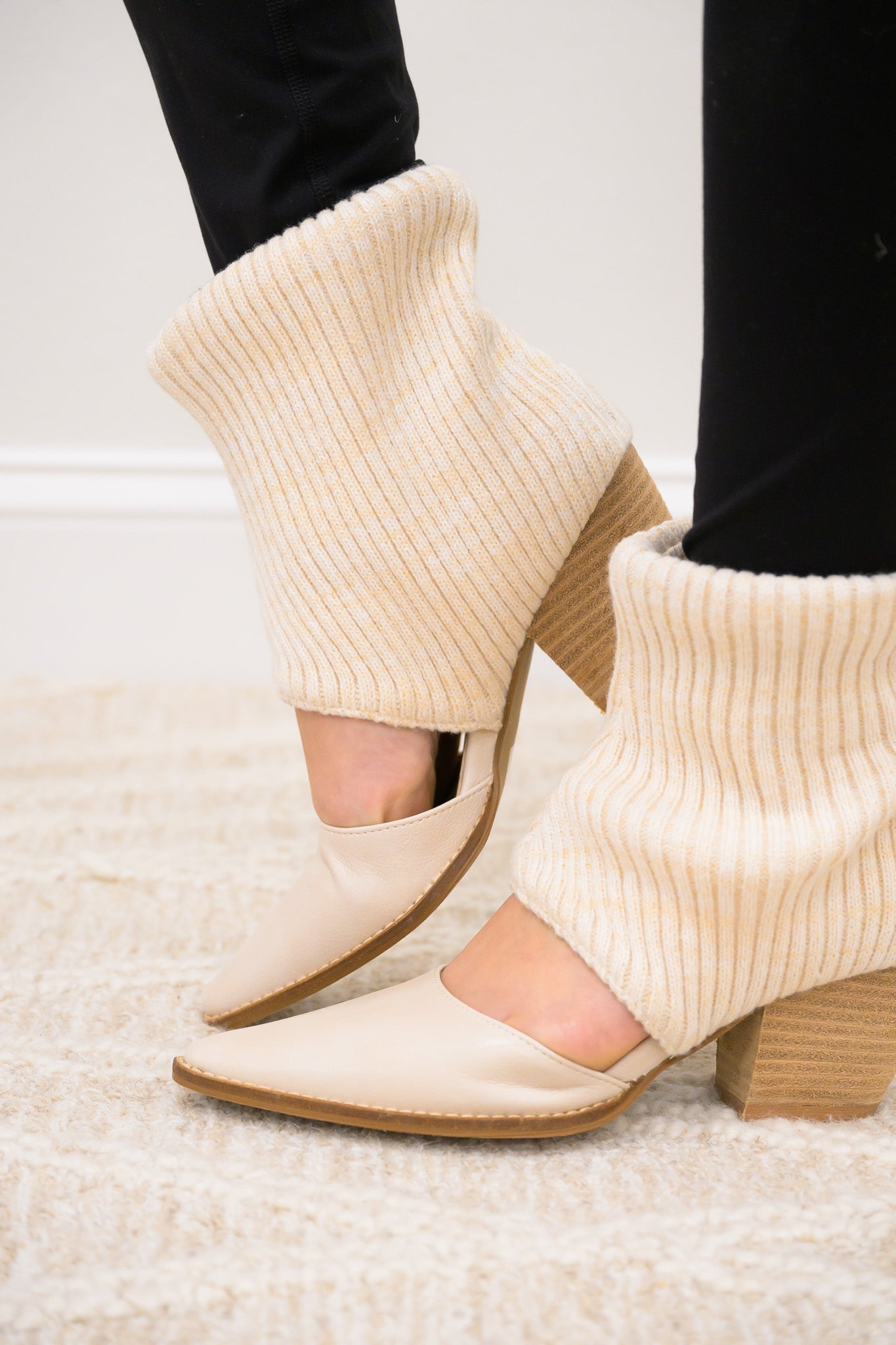 Magnolia Cut Out Chunky Knitted Cuff Ankle Booties - Cream