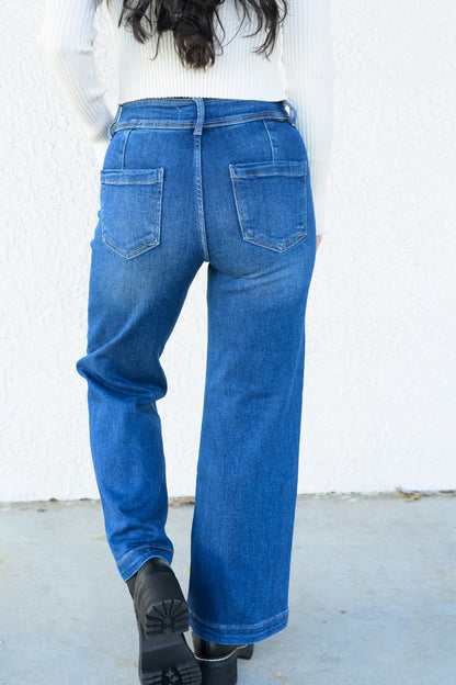 Hips Don't Lie By Risen - High Rise Tummy Control Crop Wide Leg Jeans- Dark