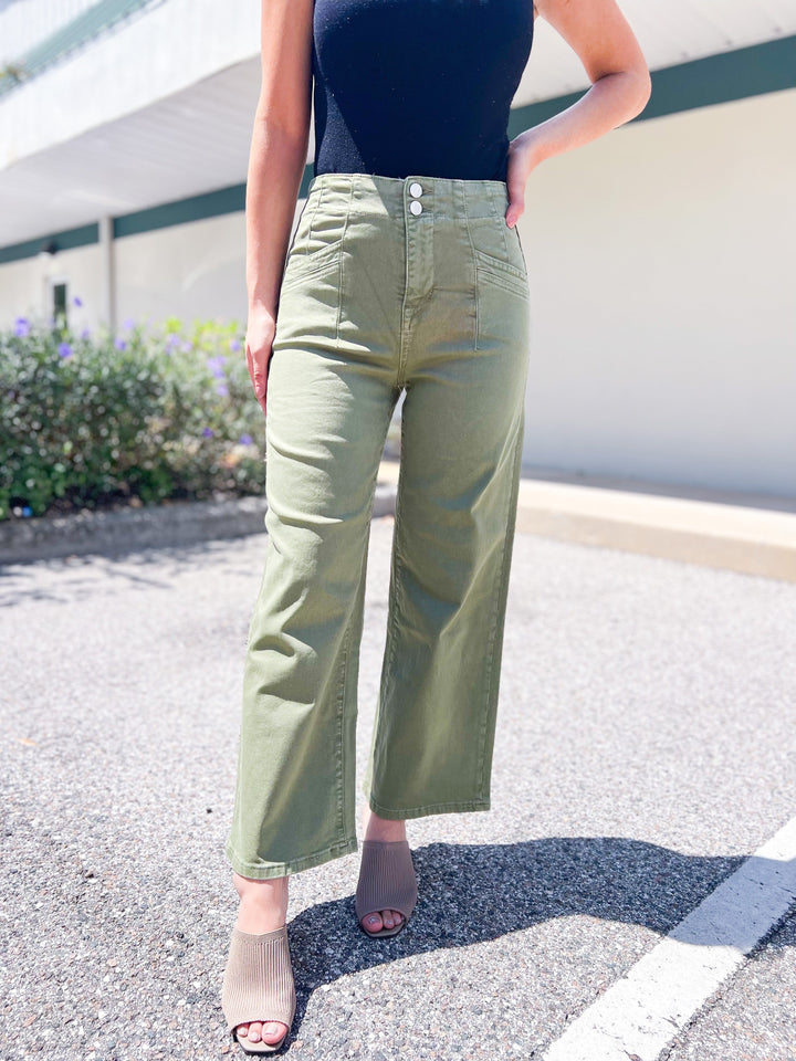 Mica Double Button Cropped Jeans - Olive