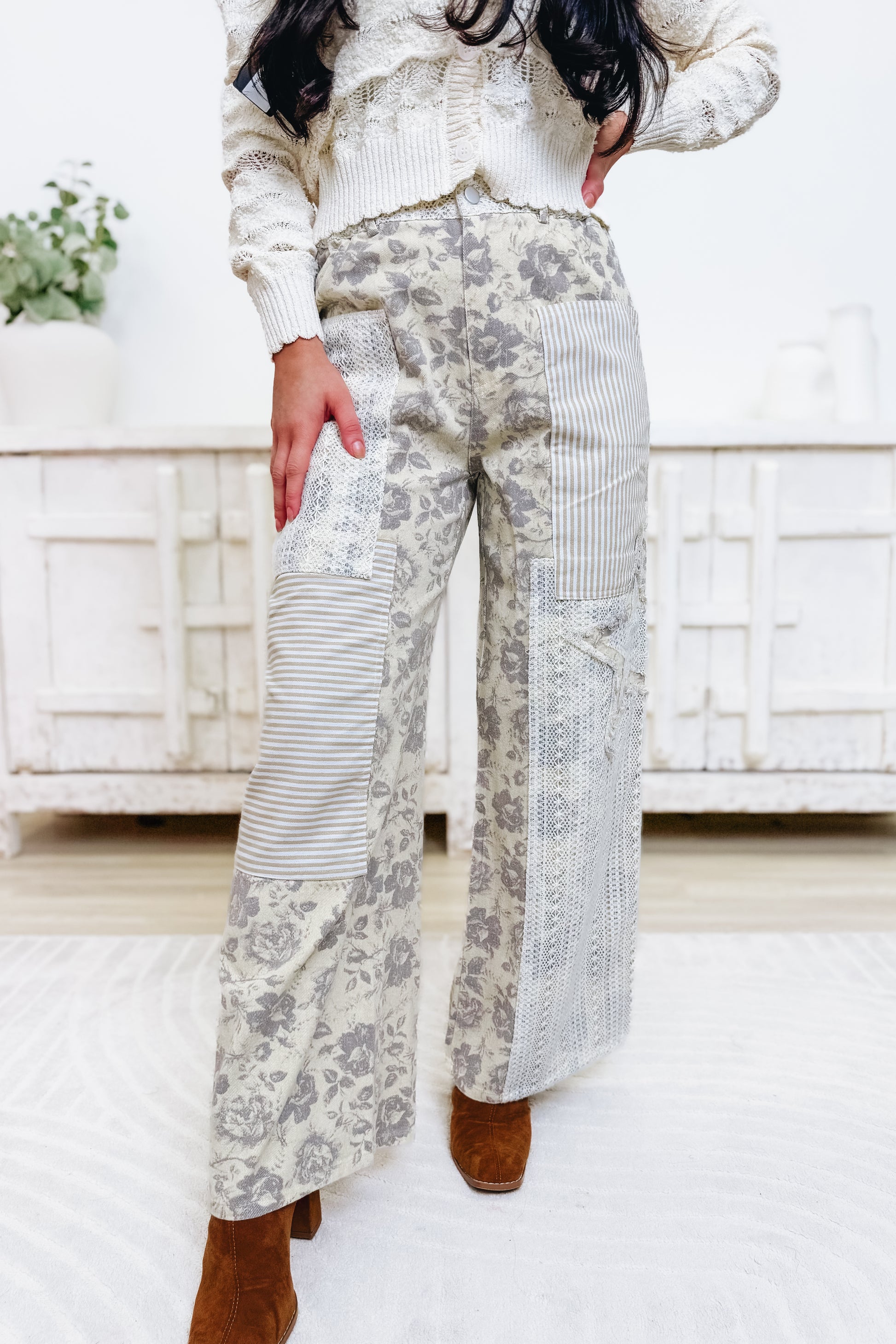Sunday Tea Patch Floral Wide Leg Pants - Natural Dark Grey