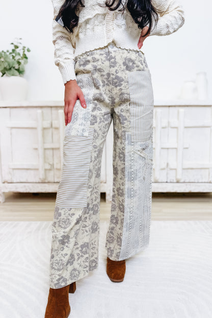 Sunday Tea Patch Floral Wide Leg Pants - Natural Dark Grey